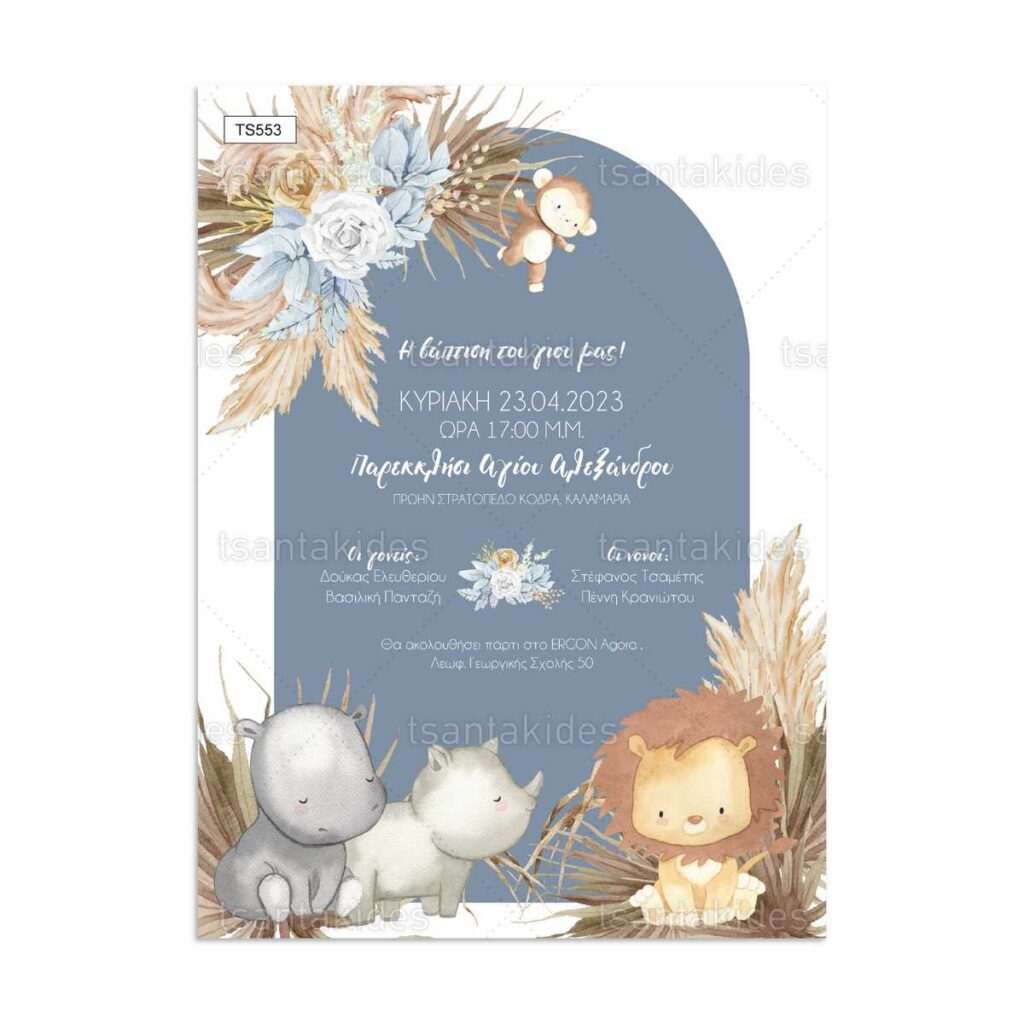 xartino_prosklitirio_paper_invitation_vaptisis_baptism_TS553_No91K_01_agori_boy_boho_jungle_indianos_zougla_tsantakides